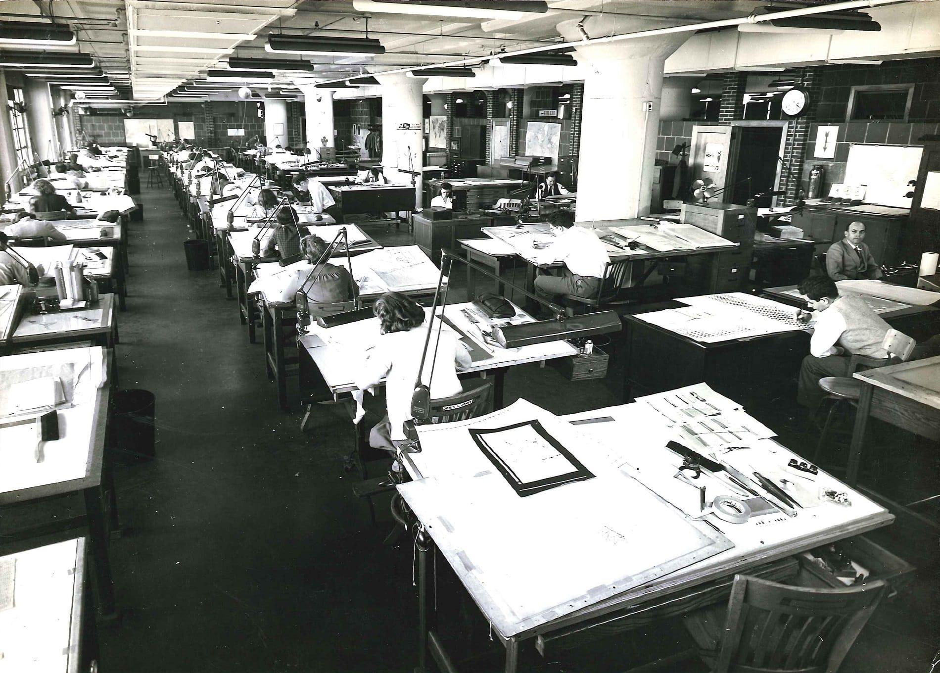 Workers in the Aeronautical Chart Plant in St. Louis, which supplied maps, charts and other products to support the U.S. military during World War II. Photo courtesy of the NGA Historical Research Center.
